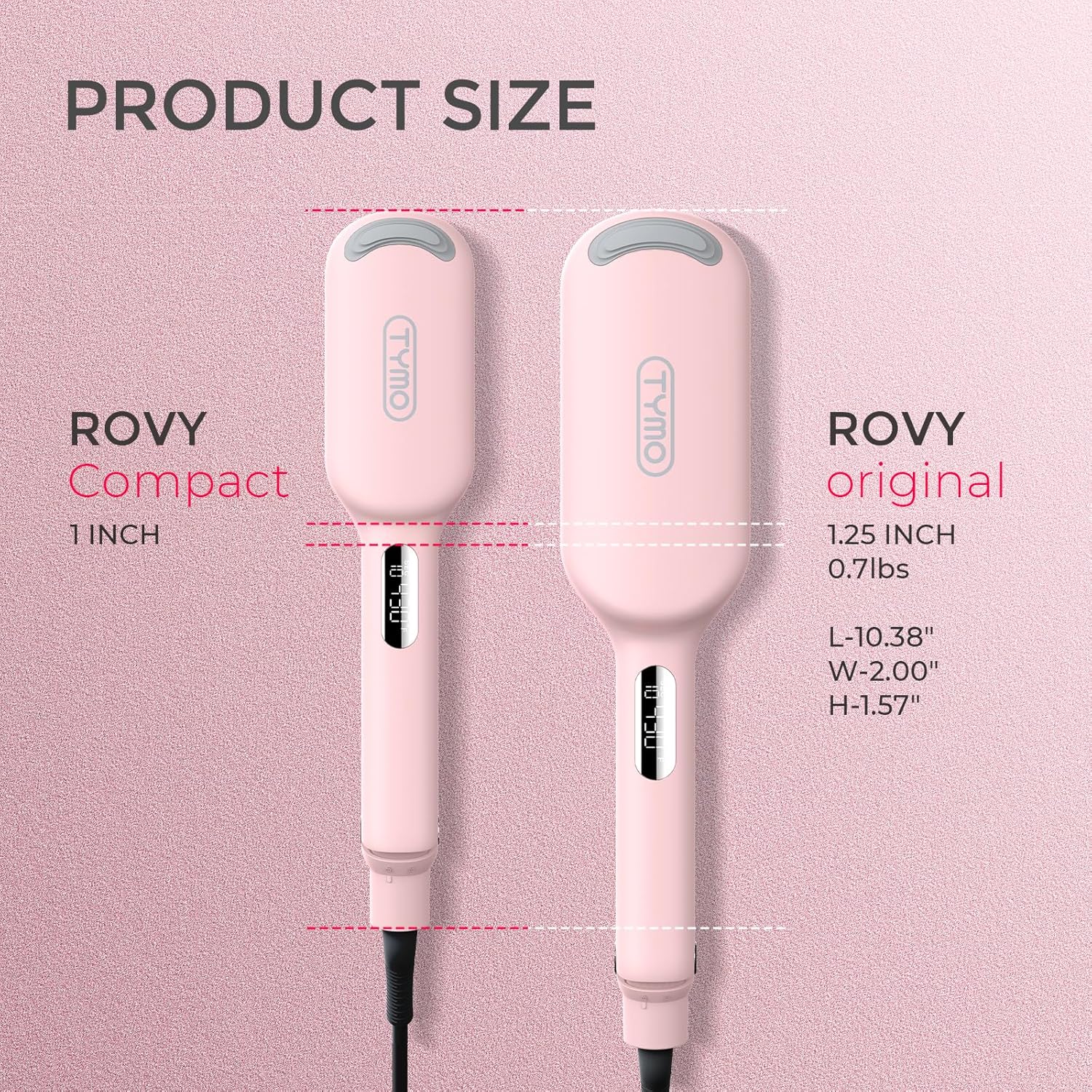 Two pink hair straighteners labeled 'ROVY Compact' and 'ROVY original' on a pink background with product size details.