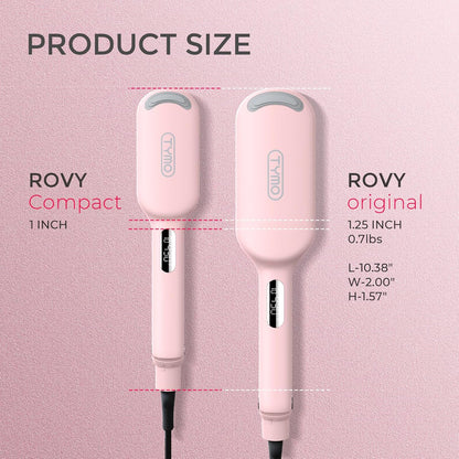 Two pink hair straighteners labeled 'ROVY Compact' and 'ROVY original' on a pink background with product size details.