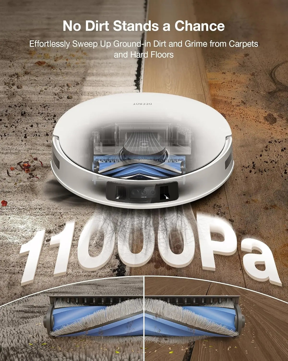 Robotic vacuum cleaner on a wooden floor with text highlighting its cleaning power.