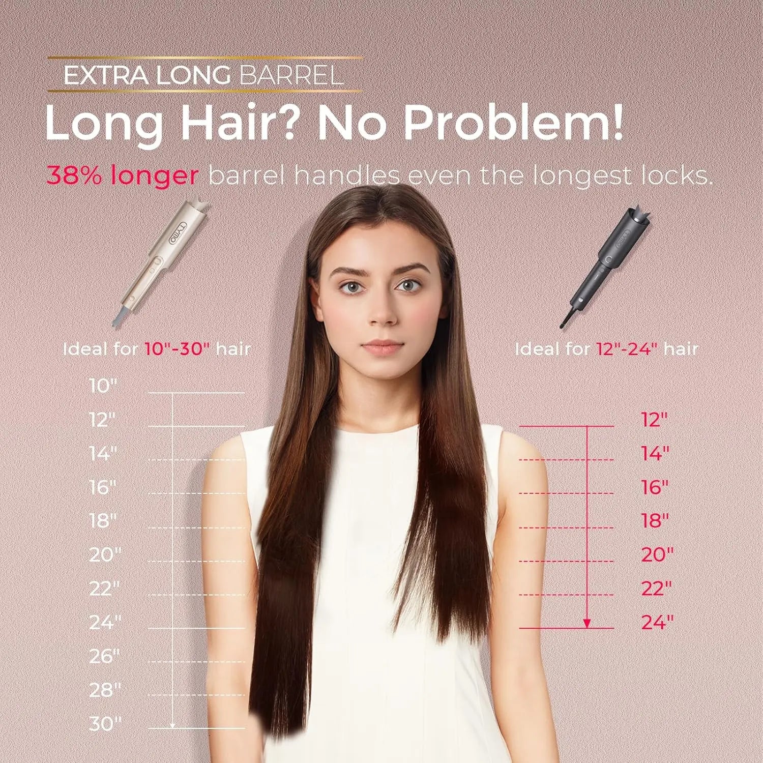 Woman with long hair next to measurement chart on a beige background