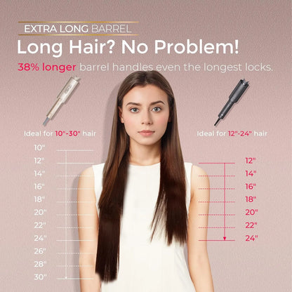 Woman with long hair next to measurement chart on a beige background