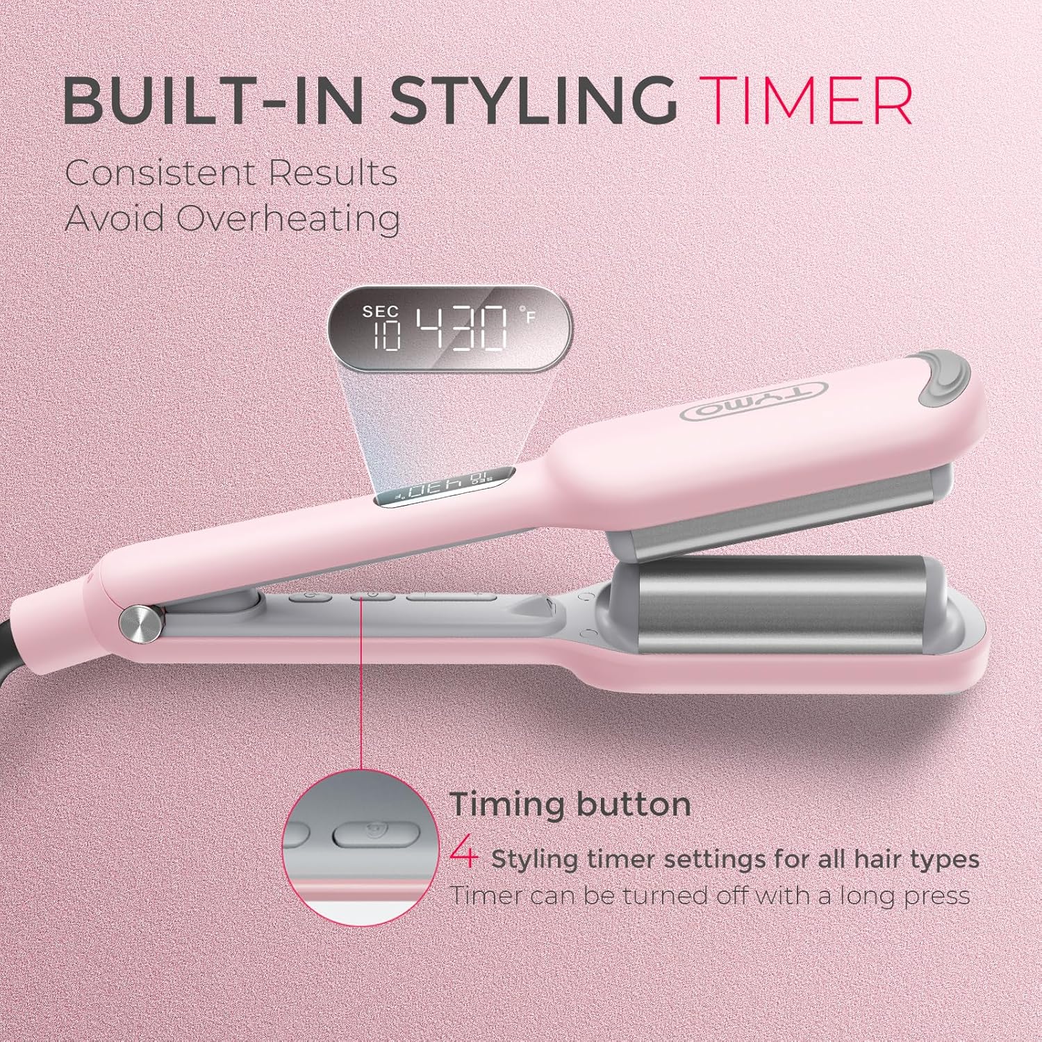 Pink hair straightener with digital timer on a pink background