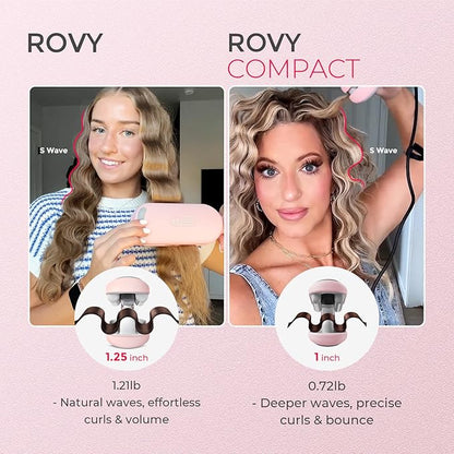 Comparison of ROVY and ROVY Compact hair styling tools with text on a pink background.