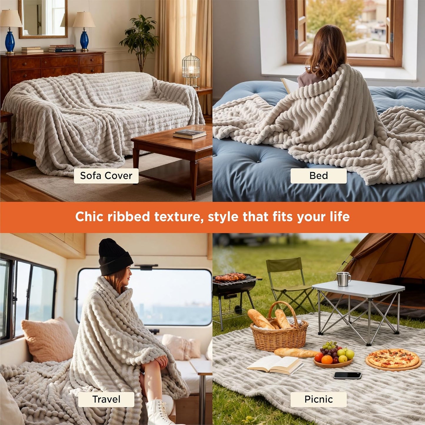Textured blanket used on various surfaces including a sofa, bed, travel vehicle, and picnic area with scenic background.