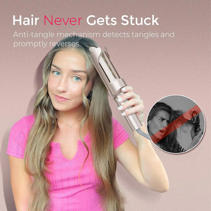 Woman using a hair straightener with text highlighting its anti-tangle feature on a pink background.