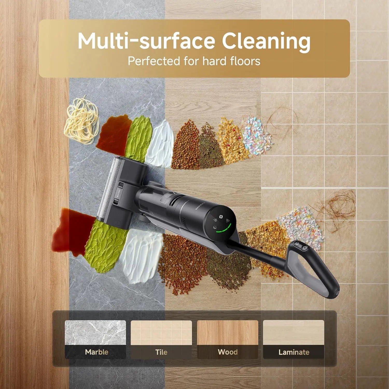 Vacuum cleaner head with multi-colored debris on various flooring types and text 'Multi-surface Cleaning Perfected for hard floors'.