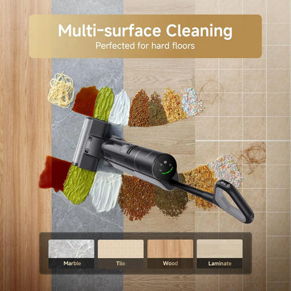 Vacuum cleaner head with multi-colored debris on various flooring types and text 'Multi-surface Cleaning Perfected for hard floors'.