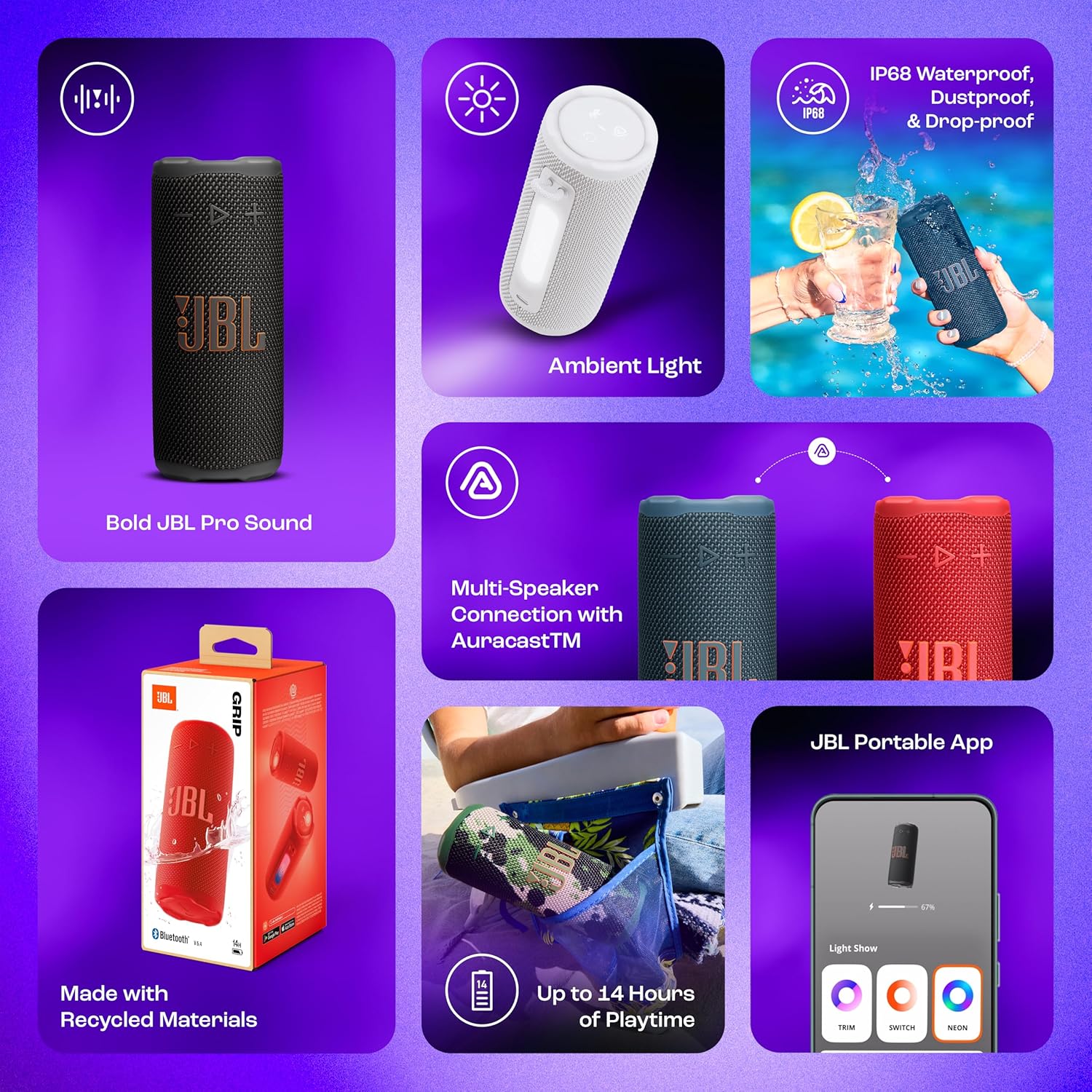 Promotional image of JBL speakers with features highlighted on a purple background
