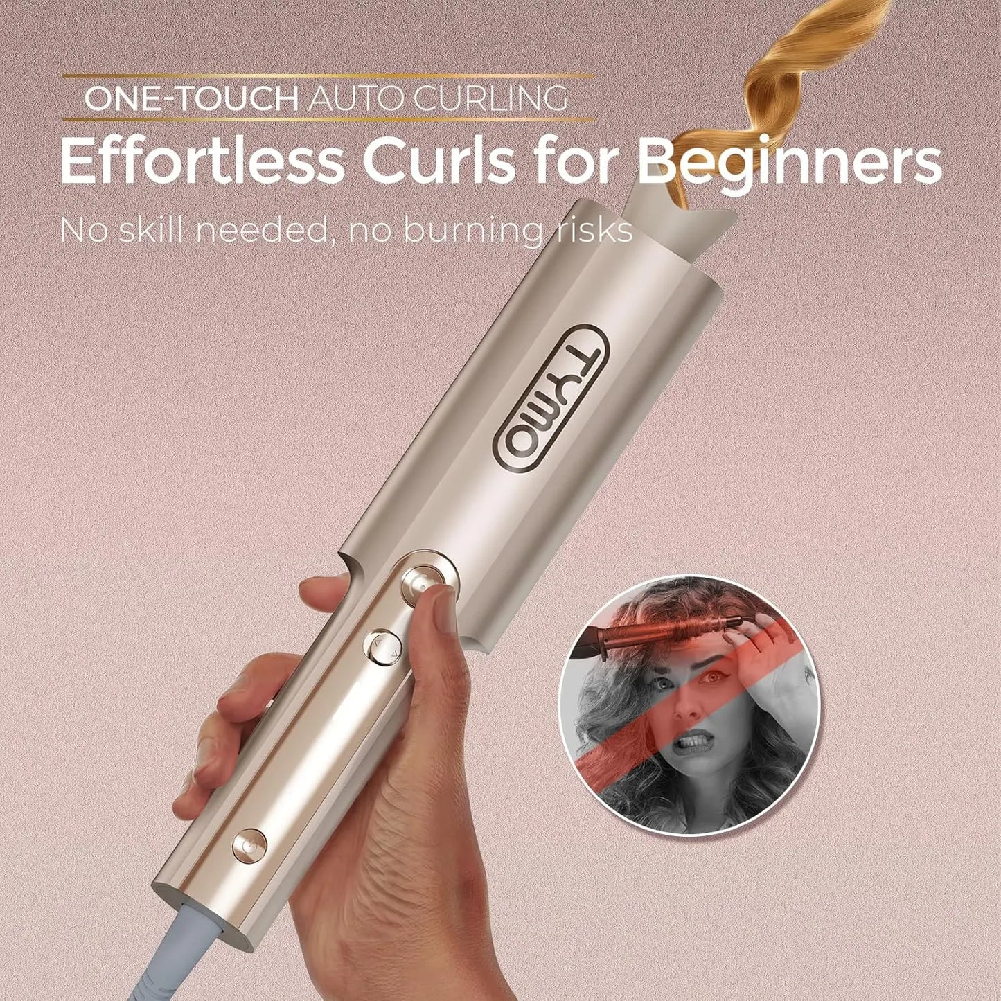 Hair curling iron with text 'One-Touch Auto Curling, Effortless Curls for Beginners' on a pink background.
