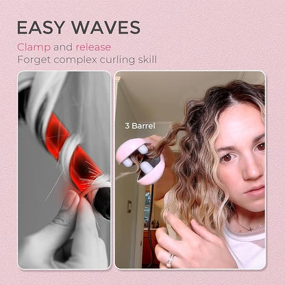 Hair curling tool with text 'Easy Waves' on a pink background