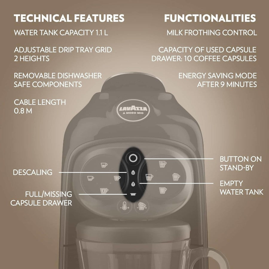 Lavazza A Modo Mio Deséa Capsule Coffee Machine – 5 Milk Recipes, One-Touch, Black | Glass Mug Included