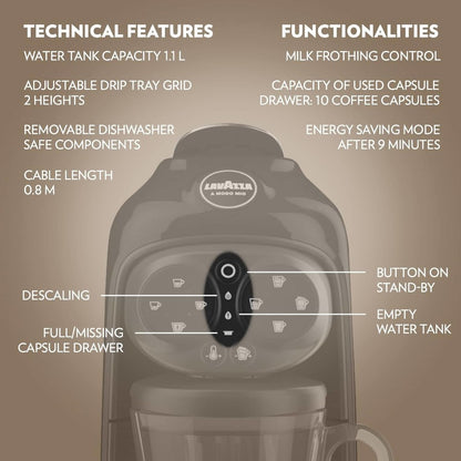 Lavazza A Modo Mio Deséa Capsule Coffee Machine – 5 Milk Recipes, One-Touch, Black | Glass Mug Included