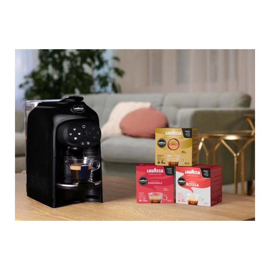 Lavazza A Modo Mio Deséa Capsule Coffee Machine – 5 Milk Recipes, One-Touch, Black | Glass Mug Included