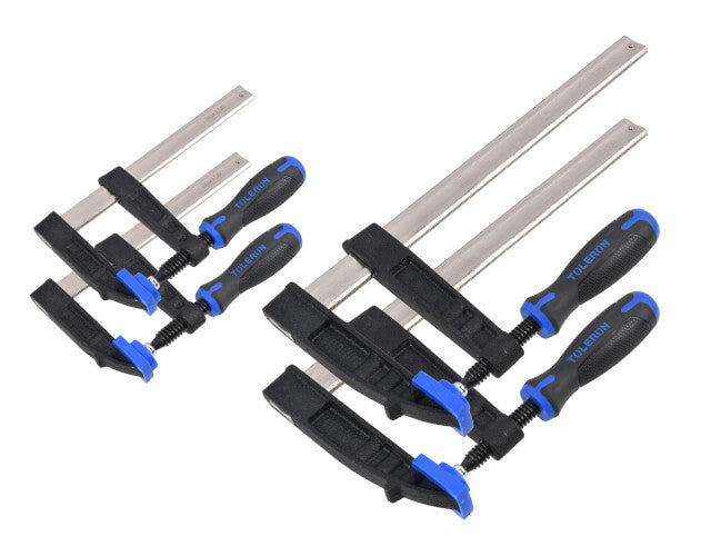 A set of four adjustable metal clamps with black and blue handles, arranged on a plain white background.