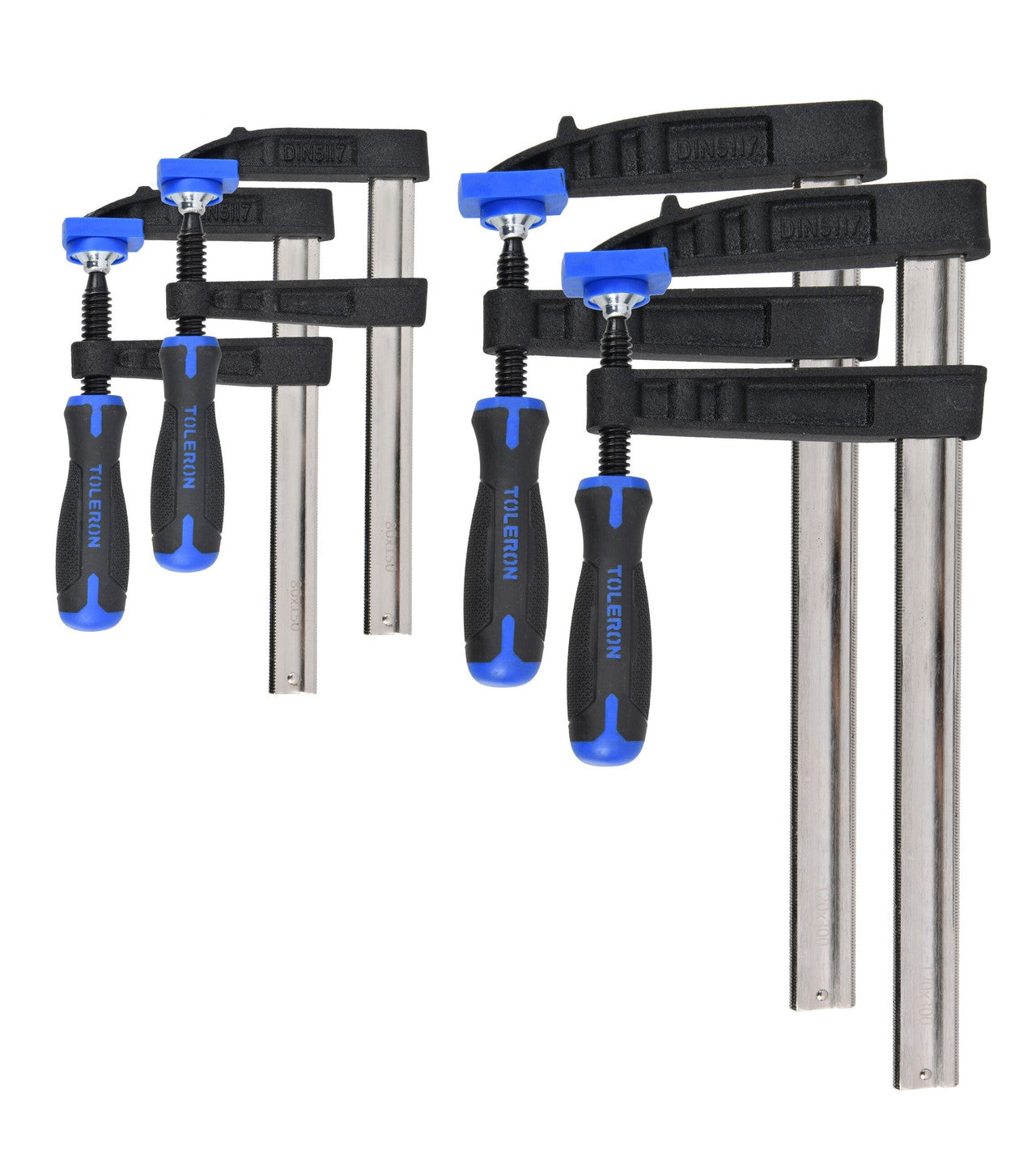 Six Tifelin adjustable metal clamp tools with black and blue handles and silver metal bars, arranged on a plain white background.