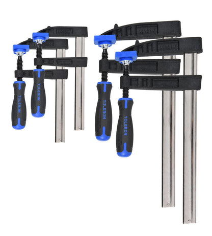 Six Tifelin adjustable metal clamp tools with black and blue handles and silver metal bars, arranged on a plain white background.