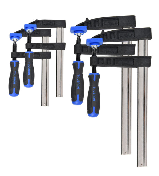 Six Tifelin adjustable metal clamp tools with black and blue handles and silver metal bars, arranged on a plain white background.