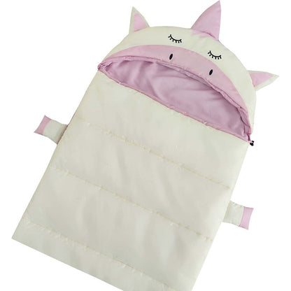 A children's puffer sleeping bag designed like a unicorn, featuring a cream-colored body, a light pink hood with embroidered closed eyes, and pink inner lining and ear tips.