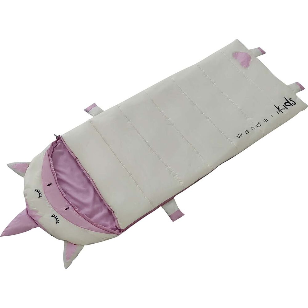 A cat-shaped sleeping bag or sleeping pad in off-white and light pink, shown on a plain white background. The design features a cat face on one end with pink ears and embroidered closed eyes, and the brand name 'Wandl kids' printed on the side.