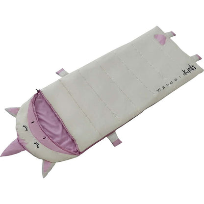 A cat-shaped sleeping bag or sleeping pad in off-white and light pink, shown on a plain white background. The design features a cat face on one end with pink ears and embroidered closed eyes, and the brand name 'Wandl kids' printed on the side.