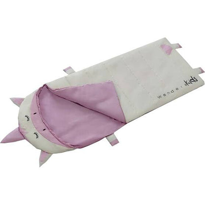 A pink and white cat-shaped plush sleeping bag or pillow with embroidered cat ears and eyes, shown on a plain white background. The brand name 'Wende kids' is printed on the side.