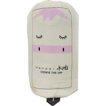 A cream-colored soft bag with a printed cartoon unicorn face in pink and black, featuring the text 'wander ekids COOKIE THE UNI' on the front, isolated on a white background.