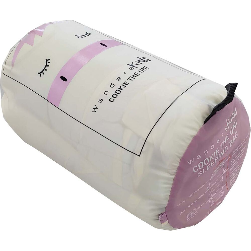 A packed Wondering Kids Cookie the Uni sleeping bag in its branded outer sleeve, shown on a plain white background.