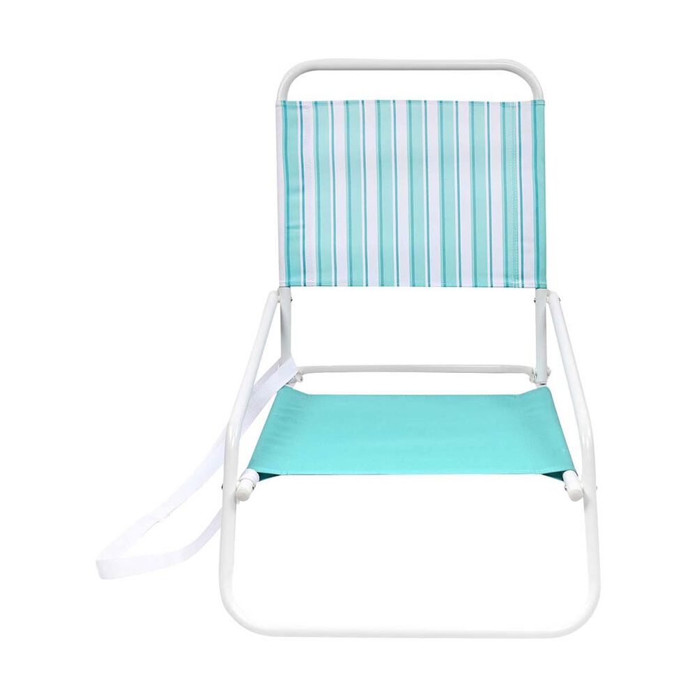 A folding beach chair with a white metal frame, featuring a striped teal and white fabric backrest and a solid teal fabric seat, shown on a plain white background.