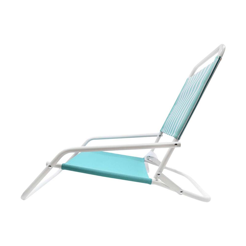 A modern outdoor lounge chair with a white metal frame and light blue striped sling fabric on the seat and backrest, shown against a plain white background.