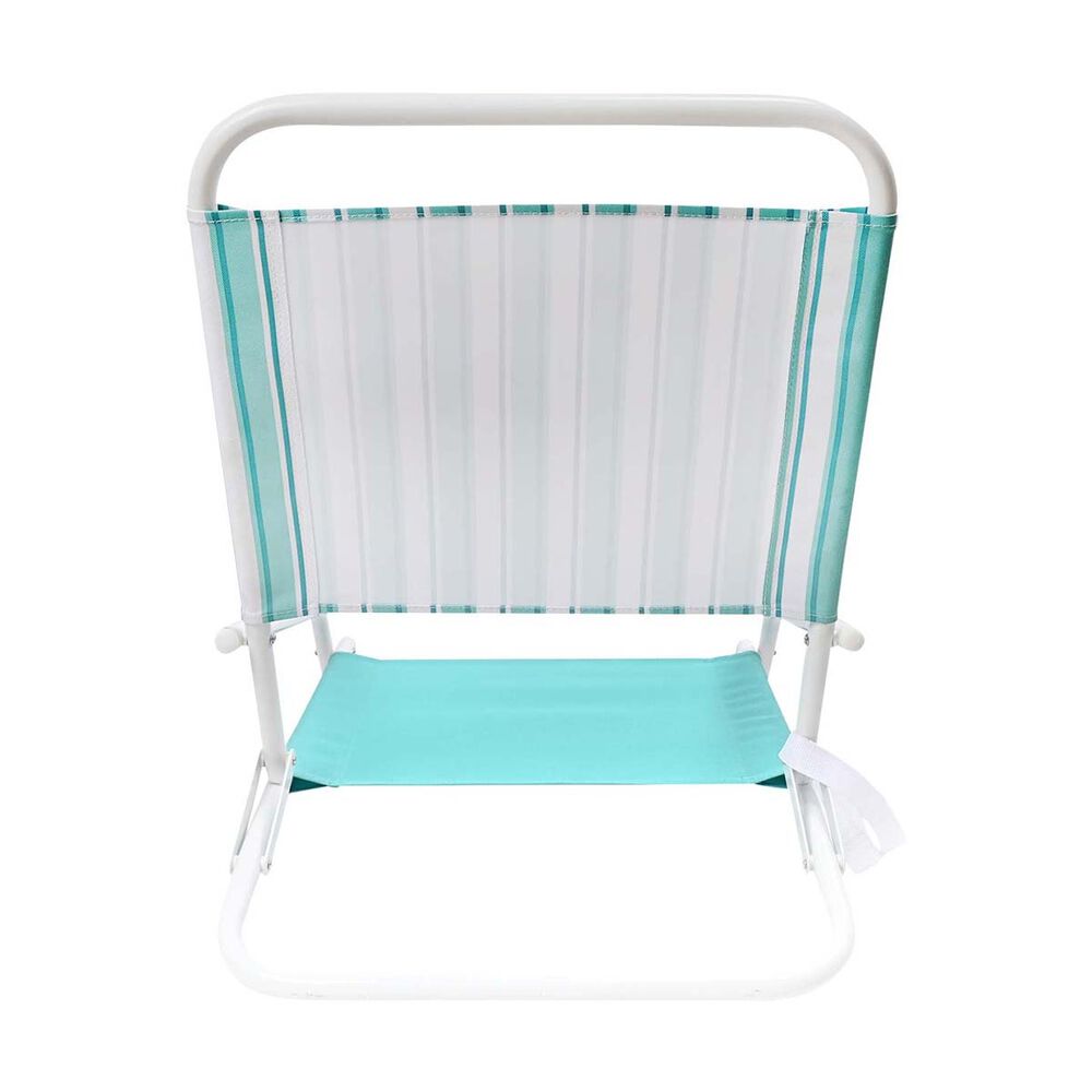 A folding beach chair with a white metal frame and a mesh backrest featuring vertical stripes in white and mint green, with a solid mint green seat pad.
