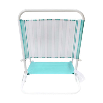 A folding beach chair with a white metal frame and a mesh backrest featuring vertical stripes in white and mint green, with a solid mint green seat pad.