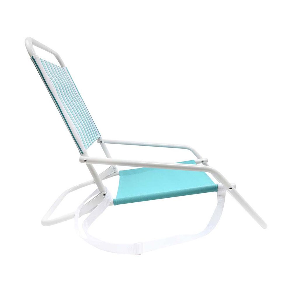 A white metal folding beach chair with a light blue and white striped fabric backrest and a solid light blue fabric seat, shown on a plain white background.