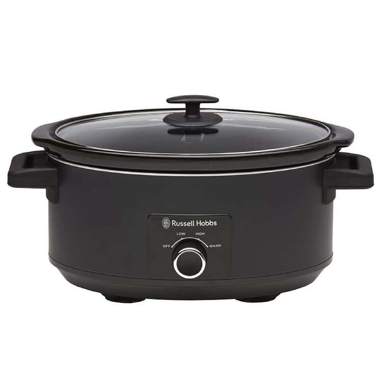Black slow cooker with glass lid on a white background, featuring the Russell Hobbs logo.