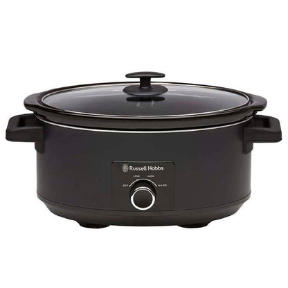 Black slow cooker with glass lid on a white background, featuring the Russell Hobbs logo.