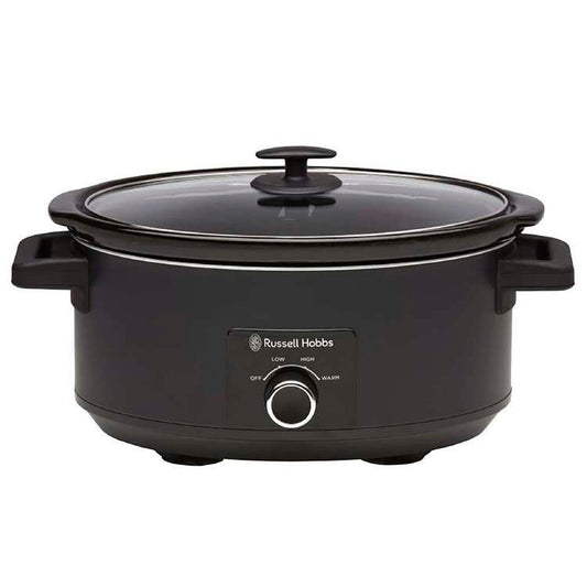 Black slow cooker with glass lid on a white background, featuring the Russell Hobbs logo.