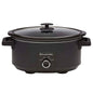 Black slow cooker with glass lid on a white background, featuring the Russell Hobbs logo.