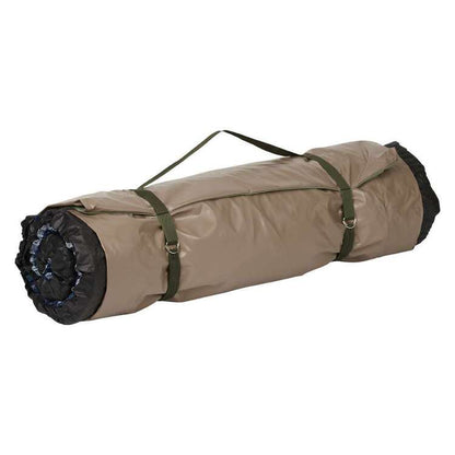 Roll-up camping mat with green straps on a white background