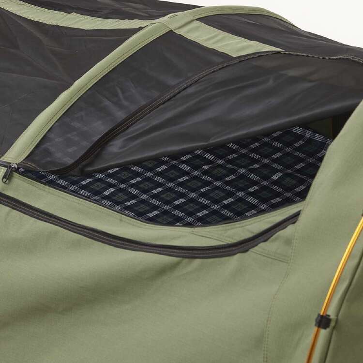 Close-up of a green camping tent with a black interior and plaid lining.