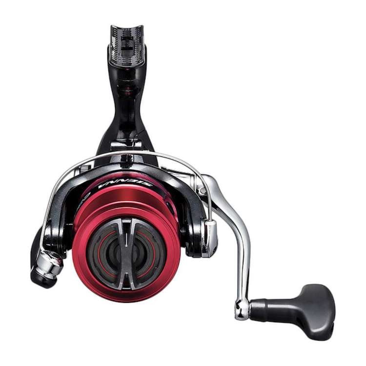 Fishing reel with red and black design on a white background