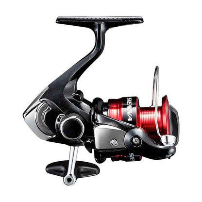 Fishing reel with black and red design on a white background