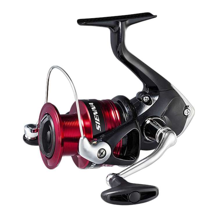Fishing reel with red and black design on a white background