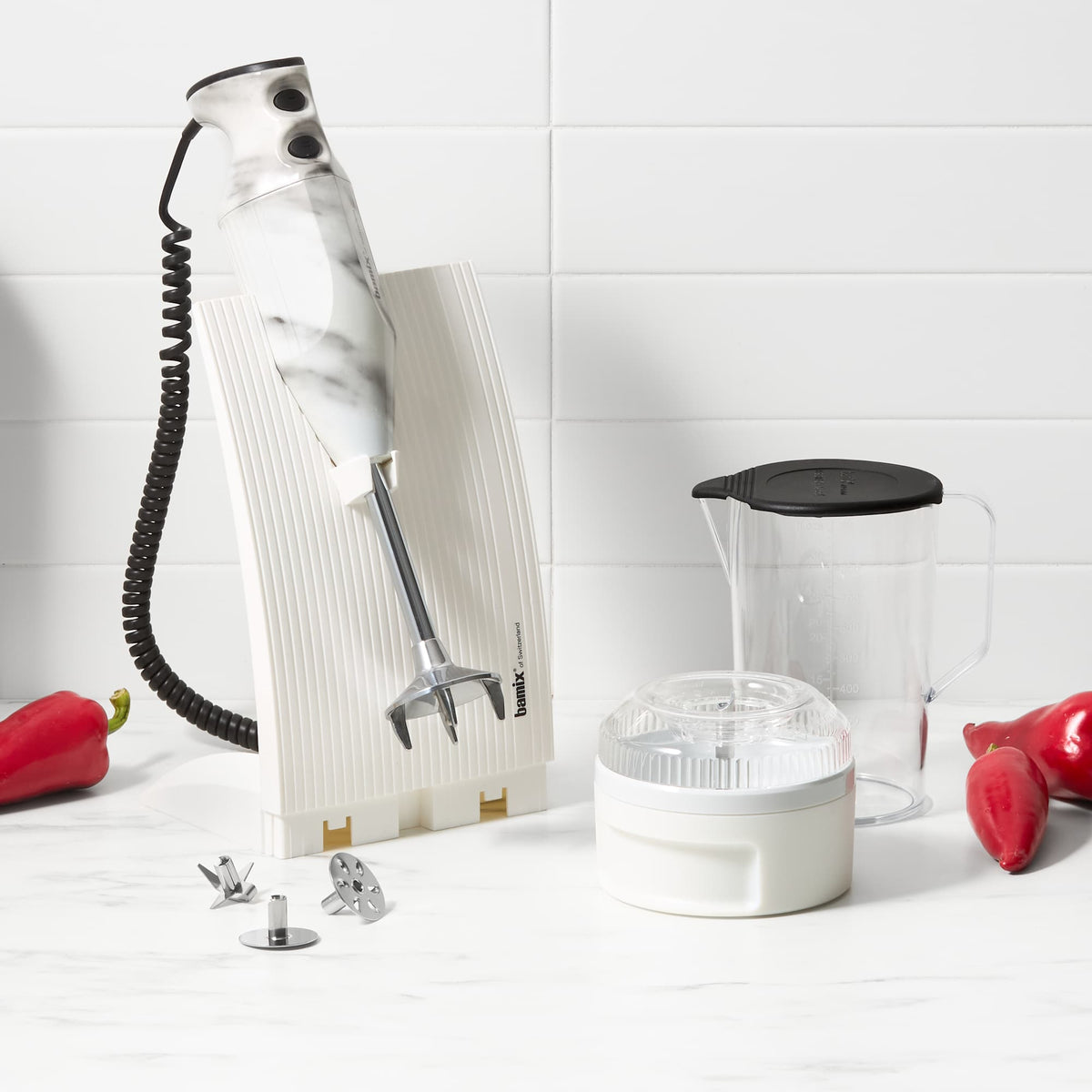 Bamix Swissline Hand Blender 200W White Marble with jug, blades and bench stand