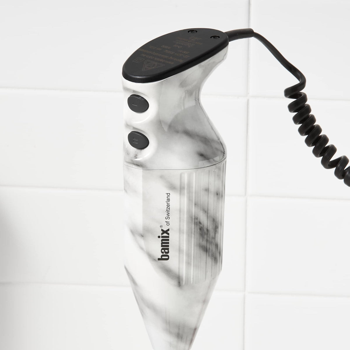 Close-up of Bamix Swissline Hand Blender 200W White Marble motor body and two-speed buttons