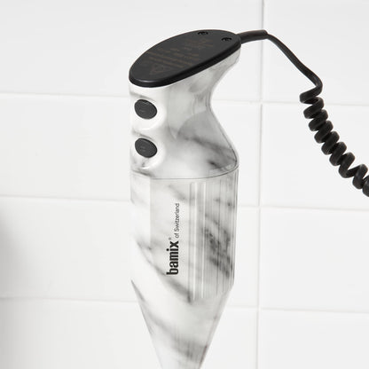 Close-up of Bamix Swissline Hand Blender 200W White Marble motor body and two-speed buttons