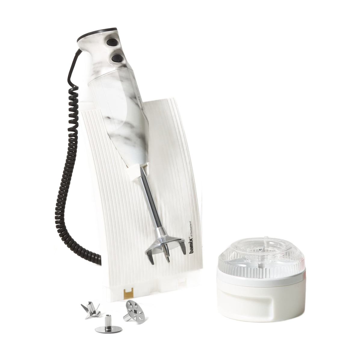 Bamix Swissline Hand Blender 200W White Marble with bench stand, blades and wet and dry processor