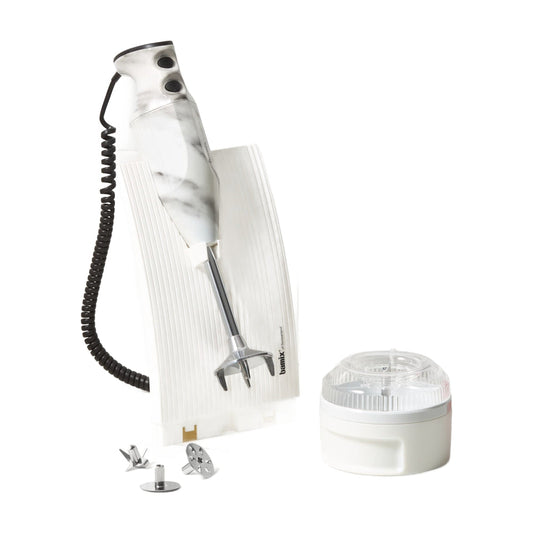Bamix Swissline Hand Blender 200W White Marble with bench stand, blades and wet and dry processor