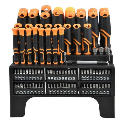 Set of screwdrivers with black and orange handles on a white background