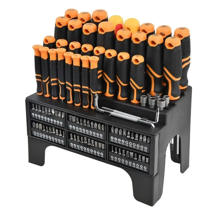 Set of screwdrivers with black and orange handles on a stand with compartments.