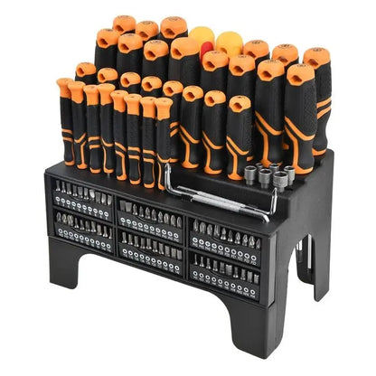 Set of screwdrivers with black and orange handles on a stand with compartments.