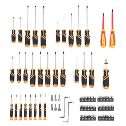 Set of screwdrivers and related tools on a white background